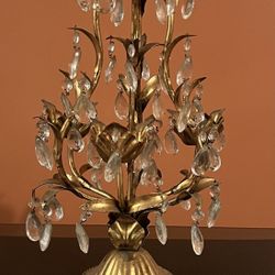 Vintage Italian Hollywood Regency Gilt Toleware Leaf Candelabra W Crystal Prisms