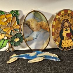 Lot Of Four Vintage Sun Catchers 3 glass 1 acrylic, Angel Is Hand Painted! In Good Condition!