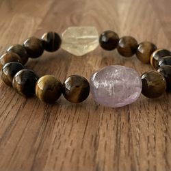 NATURAL Charged Citrine, Amethyst & Tiger Eye Bracelet (Known For: Cleanses Aura,Protection, Remove Negativity,Calm Emotions,Healer, Decision & $$ )
