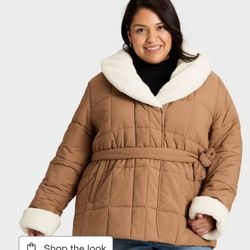 Women's Belted Faux Shearling Puffer Jacket - Ava & Viv Tan 1X 

Faux-shearling puffer jacket NEW