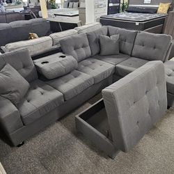 Brand New 105" x 73" Tuft Gray Linen Reversible Sectional With Cup Holders And Storage Ottoman