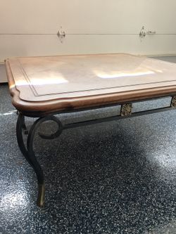Coffee table - iron rod legs, checkered board style wood $85