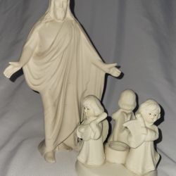 2 Piece White Religious Figurine And Angel Candle Holder Jesus 9" Tall X 6 1/4" 