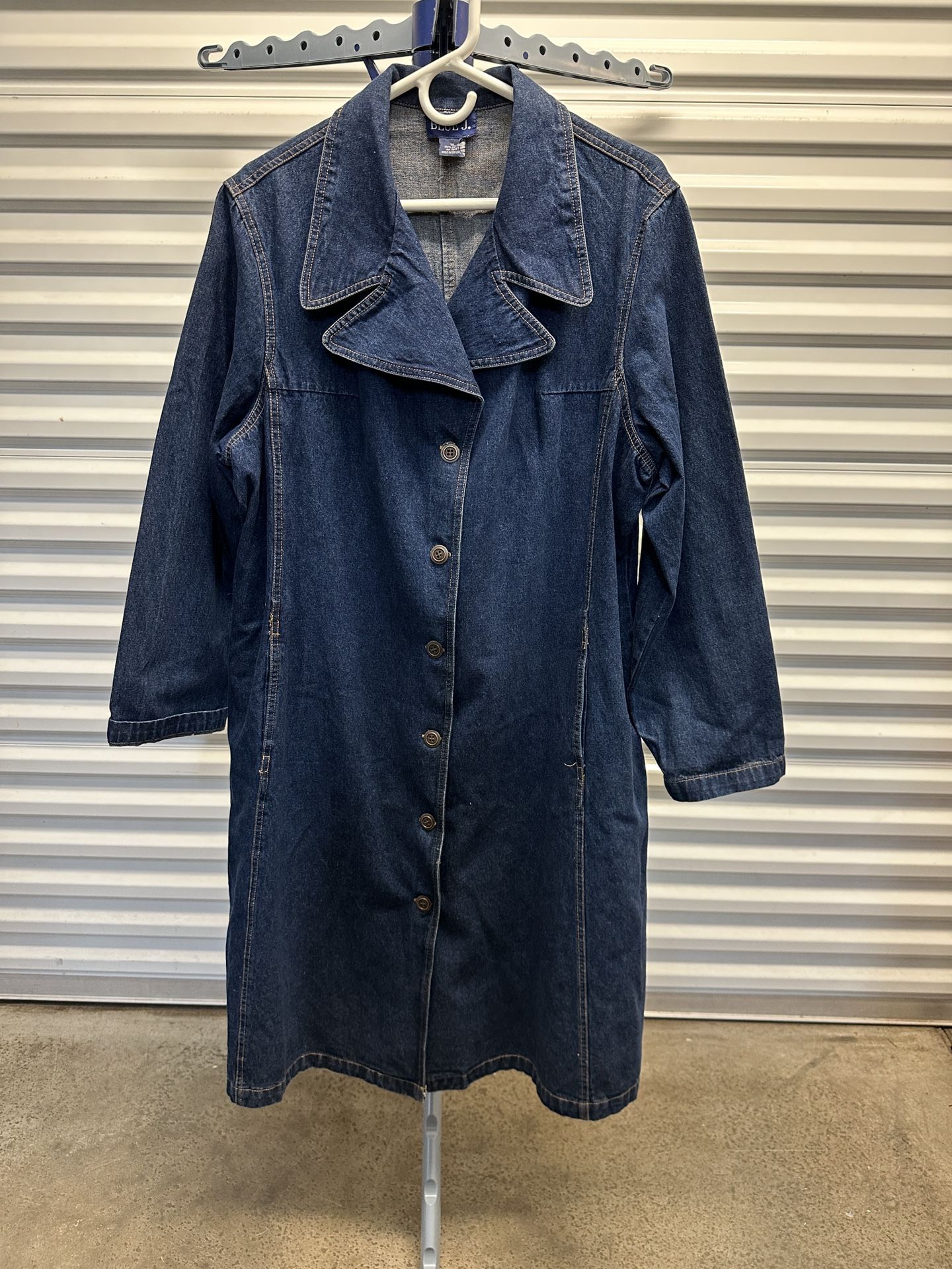Vintage Blue J Denim Jacket Trench Coat Long Women's XL Blue Medium Wash
