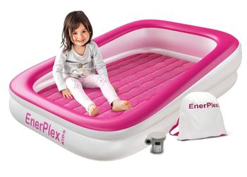 EnerPlex Kids Inflatable Travel Bed with High Speed Pump, Portable Blow up Toddler Air Mattress with Sides – Built-in Safety Bumper - pink