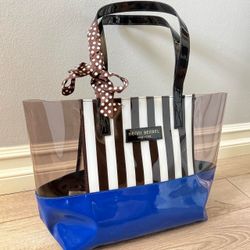 Henri Bendel New York White And Brown Striped  Tote Bag with blue base