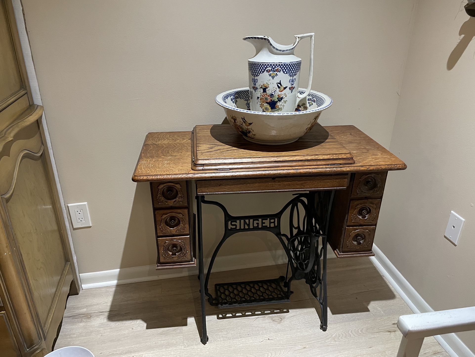 Antique Sewing Table & Pitcher / Bowl