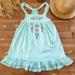 5T STRAPPY LIGHT TURQUOISE FLORAL EMBROIDERY JERSEY KNIT DRESS