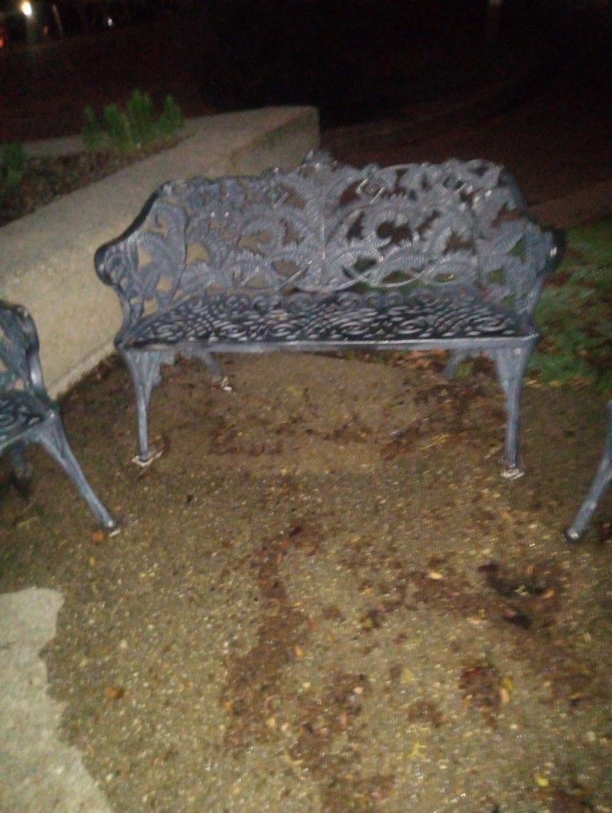 Cast Aluminum Vintage 2 Chairs And 1 Bench Patio Furniture