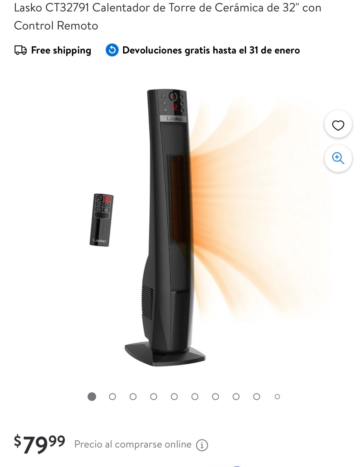 Lasko CT32791 Calentador de Torre de Cerámica de 32 con Control Remoto