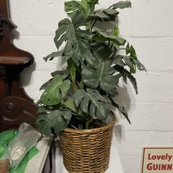 Large Faux Monstera Artificial Plant in Woven Wicker Basket Planter