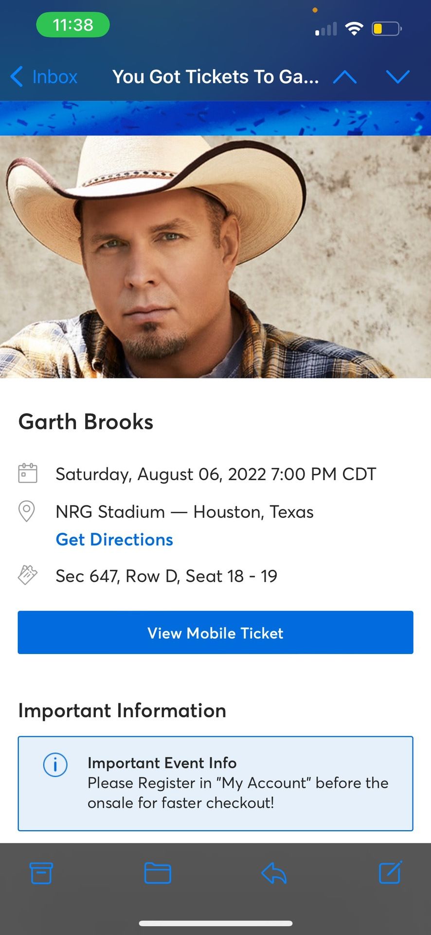 1 ticket for Garth Brooks Concert 
