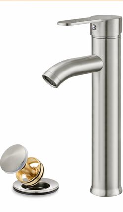 gotonovo Bathroom Vessel Sink Faucet Metal Pop Up Drain, Brushed Nickel Tall Bathroom Faucet 1 Hole Single Handle Modern Round Body, CUPC Water Supply