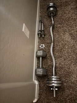 EZ Curl Bar, 25 lb Dumbbells, and Weight Plates Set