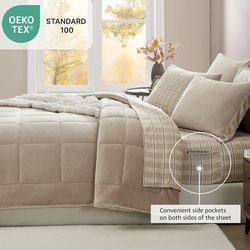 New Plush Comforter Set Full Size Light Taupe, Flannel Velvet 7 Pieces Bed in a Bag, Soft Bedding