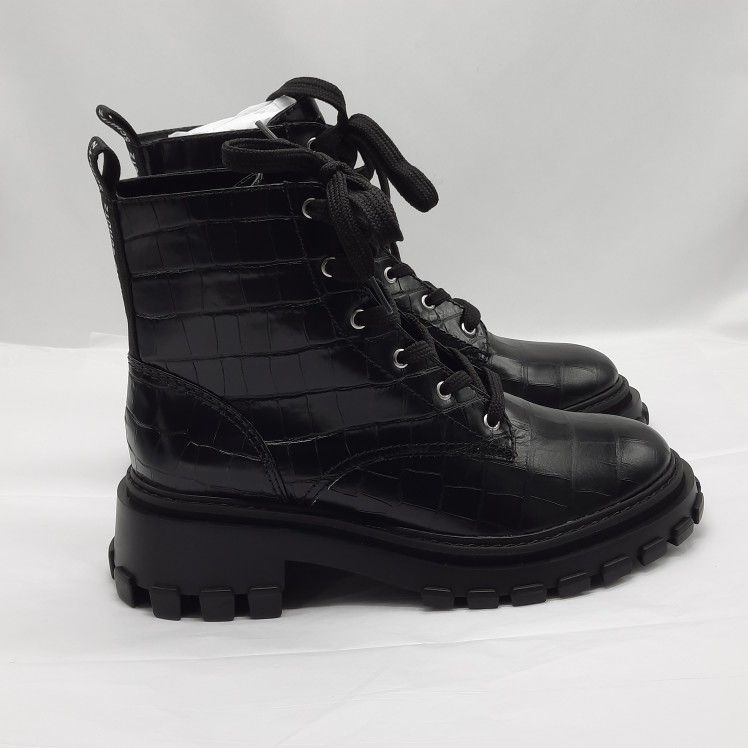 Schutz Orly Combat Boots Womens Size 10B Black Croc Embossed Leather Lug Heels