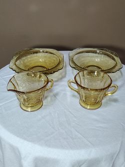 Vintage Federal Depression Glass Amber Yellow Madrid Sugar And Creamer Set with Two Soup Salad Bowls