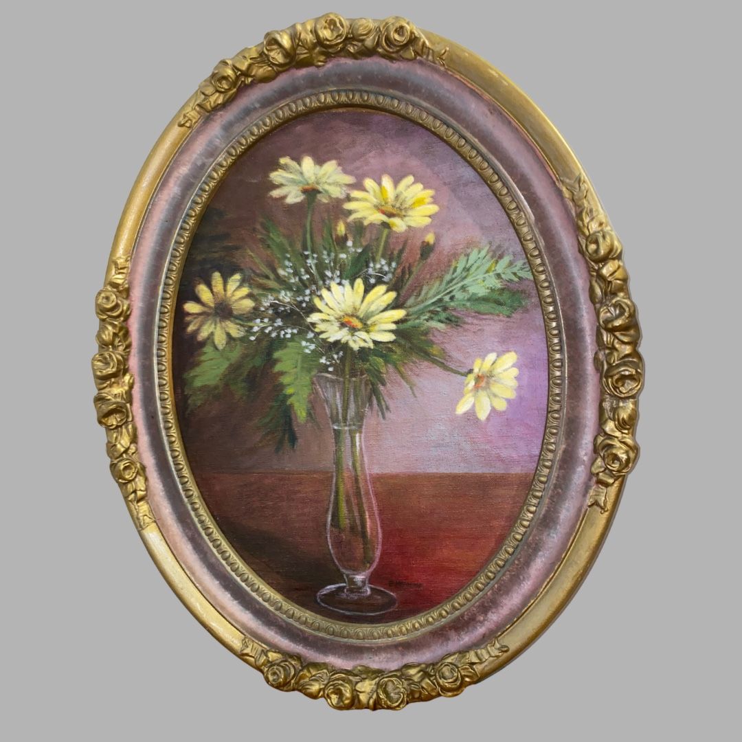 Vintage Floral Still Life Painting Signed By E Manning Yellow Daisies In Glass
