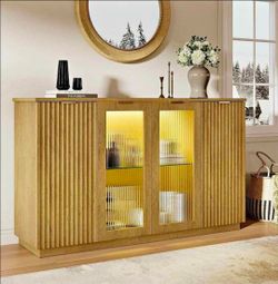 Modern 55" Buffet Cabinet w/ LED Lights | Fluted Glass Doors | Natural
