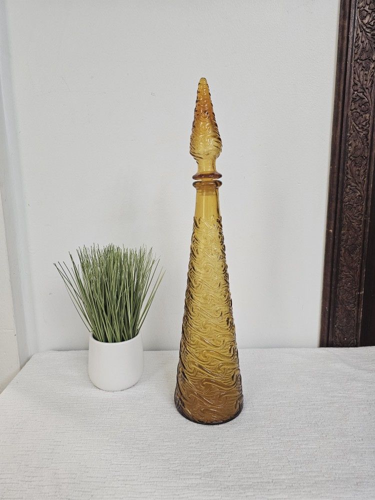 Vintage Empoli Amber Glass "Genie" Bottle Decanter With Lid GORGEOUS Made In Italy 