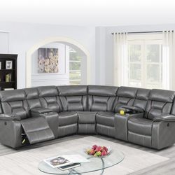 Brand New Grey Leather Power Reclining Sectional Sofa 