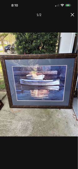 F Poch Romeu HUGE Framed Boat Art Print with Dark Wood Frame 45 by 56