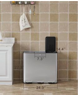 60L/15.9 Gal Gallon Three-Compartment Pedal Stainless Steel Kitchen Recycling Trash Can with Odor Seal, Hands-Free Foot Operated Waste Bin for Home, O