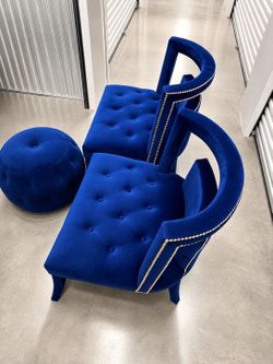 Royal Blue Velvet Accent Chairs + Ottoman Set