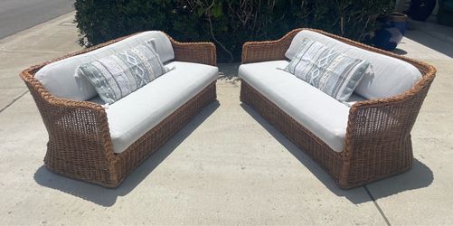 Vintage Braided Wicker Coastal Sofas, New Perennials Upholstery