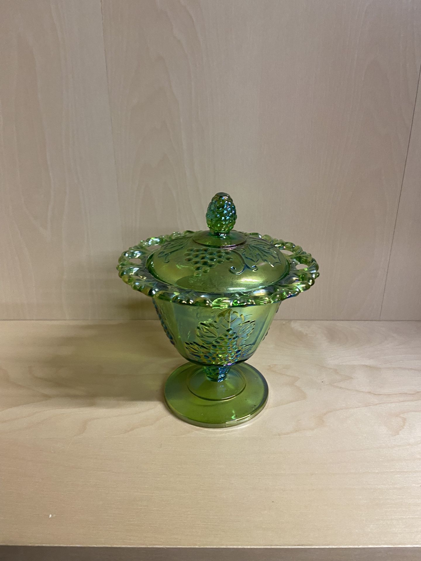 Green Carnival Glass Lidded Dish