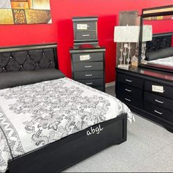 Black Upholstered Bedroom Set Queen or King Bed Dresser Nightstand Mirror Chest Options Amalia