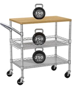 Bolduck 3 Tier Rolling Kitchen Carts on Wheels with Storage,650Lbs Heavy Duty Utility Carts with Wheels,Kitchen Island with Wood Tabletop,Metal Servin