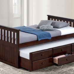 Brand New Espresso Twin Bed w Trundle Bed + Drawers 