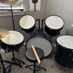 Gammon Percussion Full Size Complete Adult 5-Piece Drum Set with Cymbals, Stands, Stool, and Sticks - Black