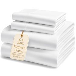 LANE LINEN 100% Egyptian Cotton King Sheets Set – 4 Piece Sateen Weave Bed Sheets, Ultra Soft, 16" Deep Pocket, Luxury King Size Sheet Set – White Ret