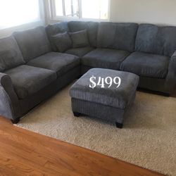 Stylish‼️ 4-Pc Dark Gray Corduroy Sectional Sofa With Ottoman