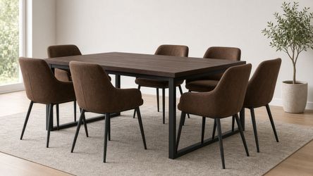 Homy Casa CAJON 7PC Dining Set 59” Dark Wood Table with 6 Charlton Brown Suede Chairs Open Box