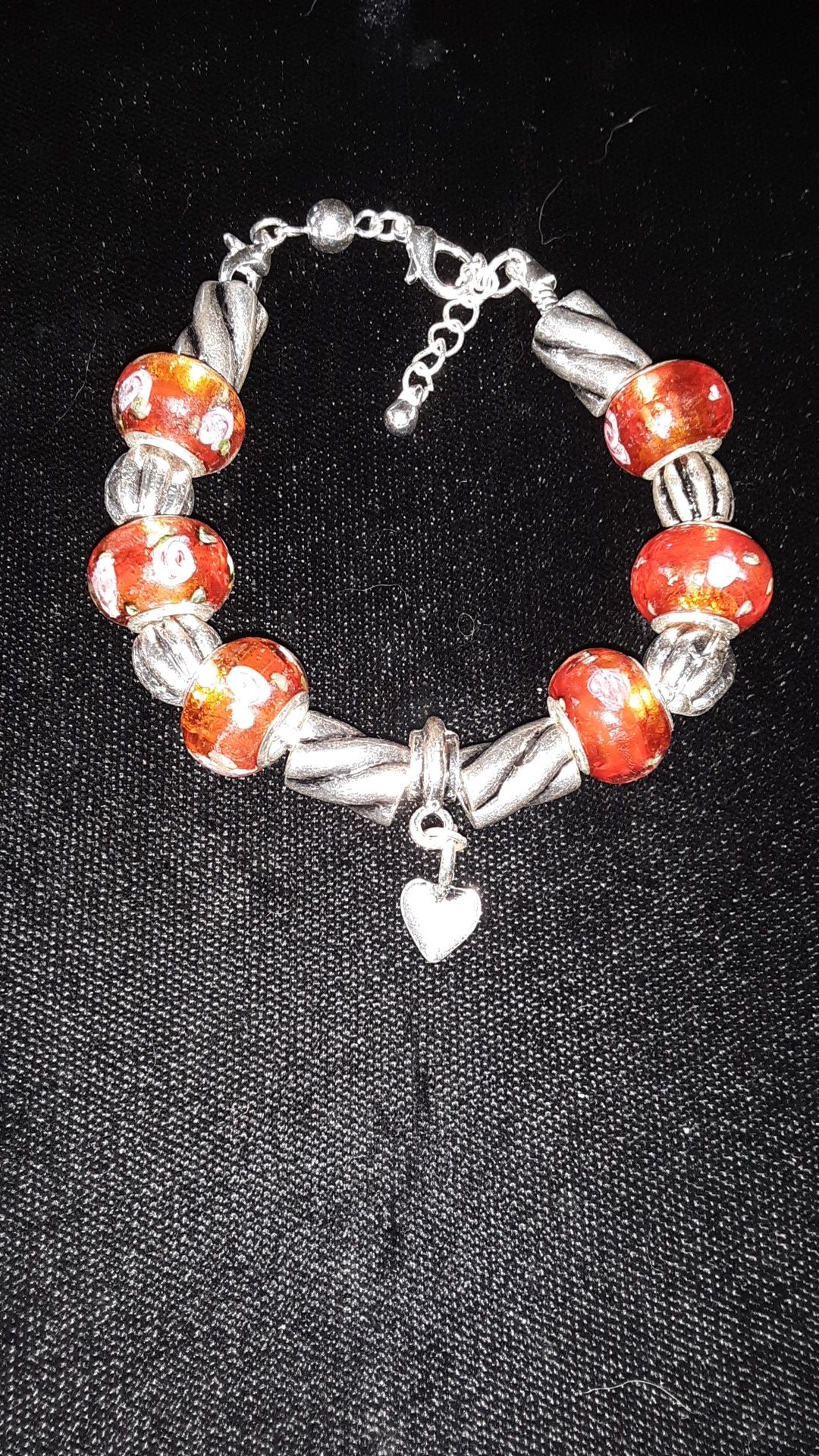 New Silver & Red Glass Beads CHARM Bracelet