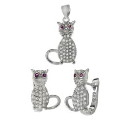 925 Sterling Silver Cubic Zirc. Micro Paved Lucky Cute Cat Pendant & Earring Set