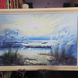 Vintage Framed Oil Painting Features Coastal Scene Signed Crane  40.5×28.5" 
