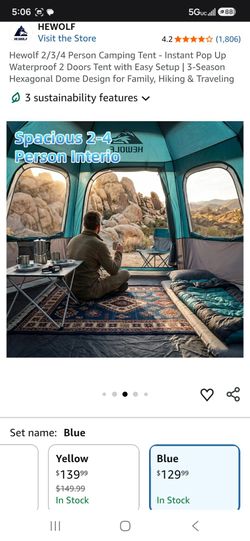 Hewolf 2-4 Person Instant Pop Up Camping Tent