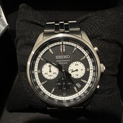 Silver Tone Seiko Watch - Chronograph - Black Dial