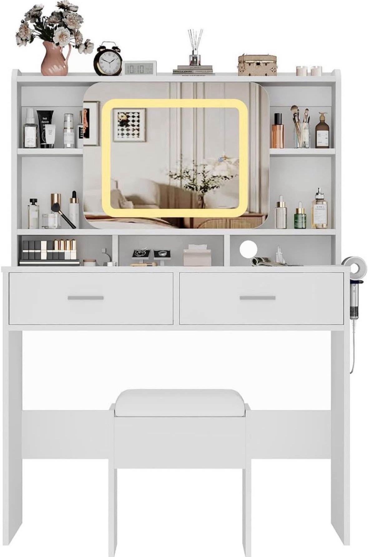 Vanity Sliding Desk and Stool with Mirror