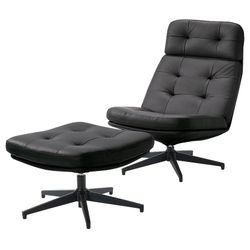 NEW! Black Genuine Real Leather Lounge Chair &Ottoman 