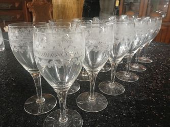 Pristine Set of 12 Vintage Fostoria "Cloverleaf" Etched Crystal Wine Goblets