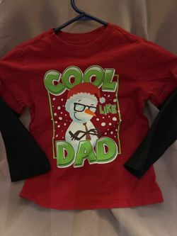 Red long-sleeve shirt with snowman graphic and 'Cool Like Dad' text. Holiday time size 4