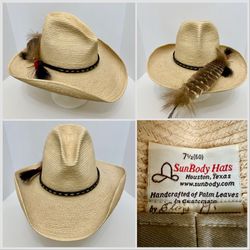 SunBody Hats Palm Leaf Cowboy Hat with Long  Feather size 7 1/2