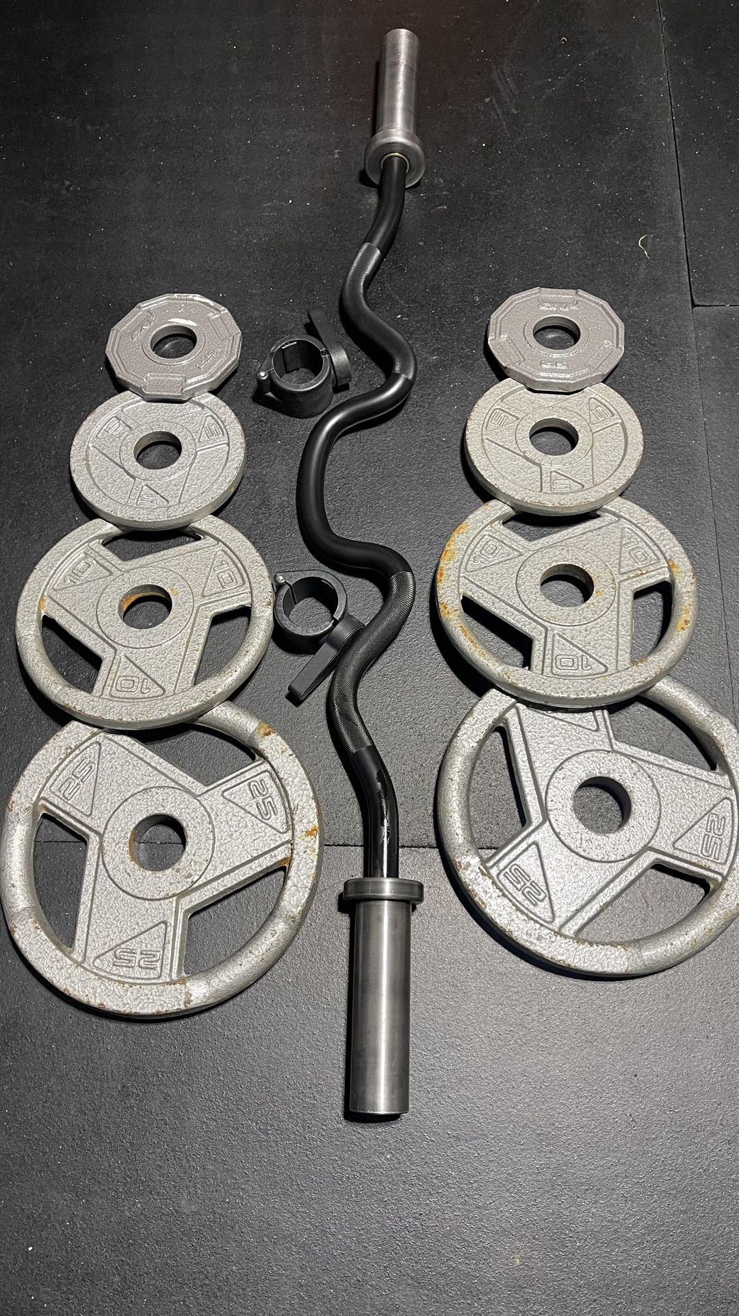 OLYMPIC CURLBAR AND WEIGHTS