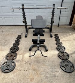 Olympic Weights, 7-ft Olympic Bar, Bench, Squat Rack