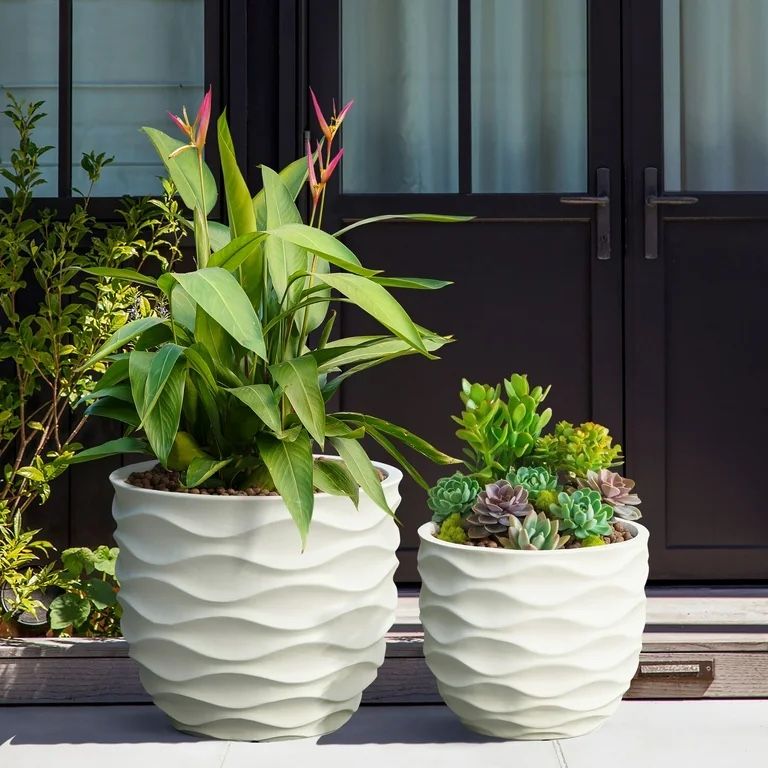 LuxenHome Set of 2 White Waves Design MgO Planters,PL872